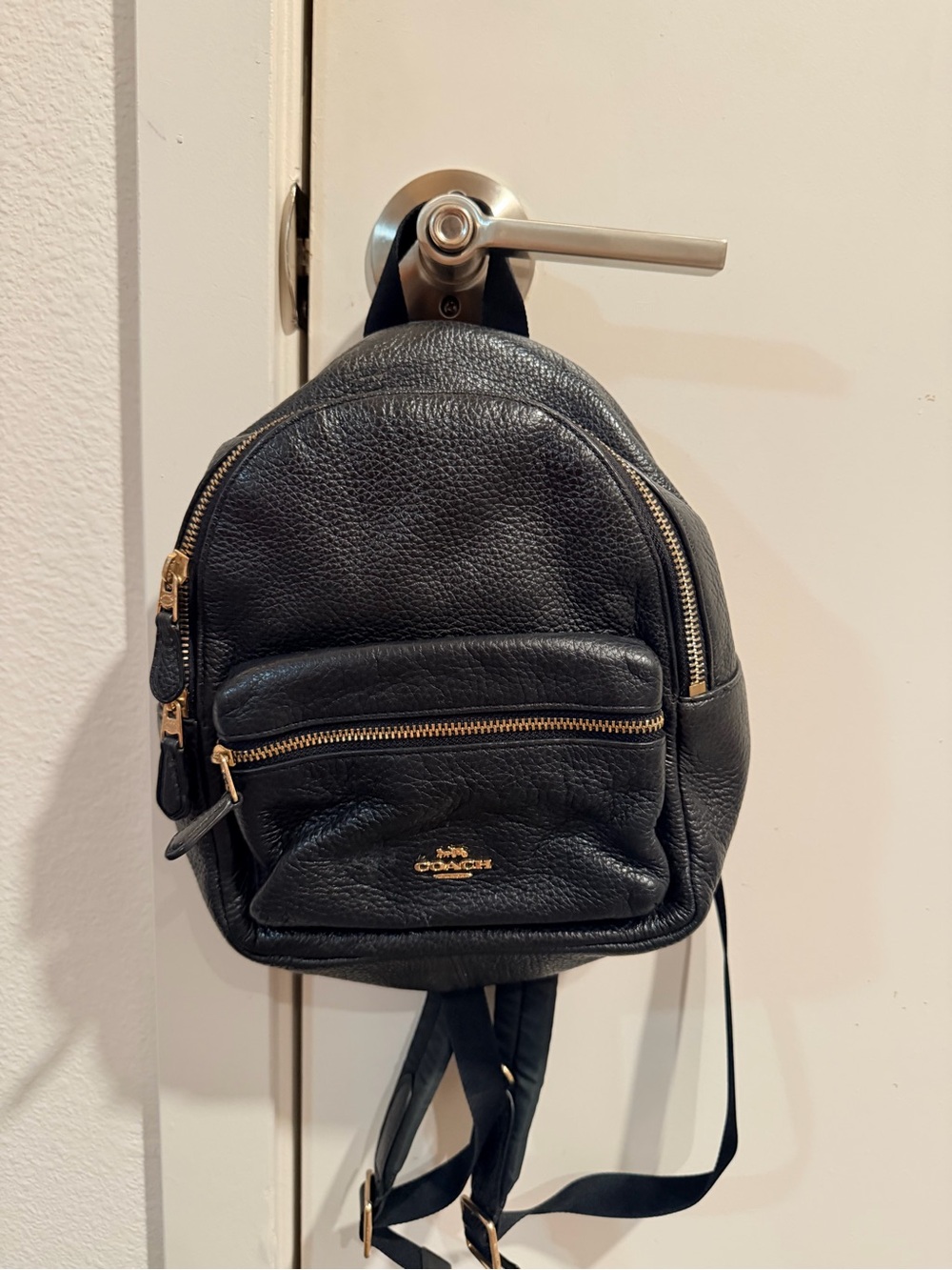 Coach Black Pebbled Leather Mini Backpack with Gold Hardware Accents